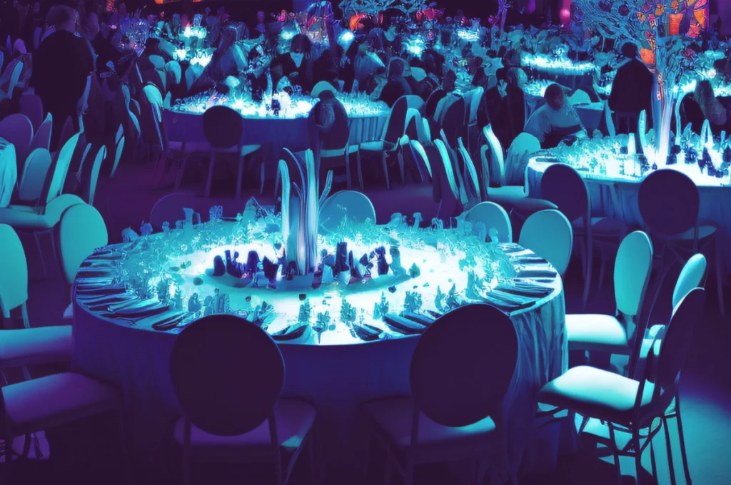 Soirée de gala, tables et scénographie lumière