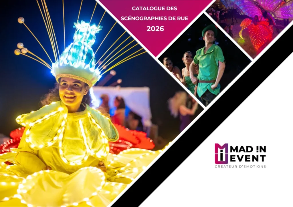 Couverture du catalogue des scénographies de rue 2026 de Mad In Event